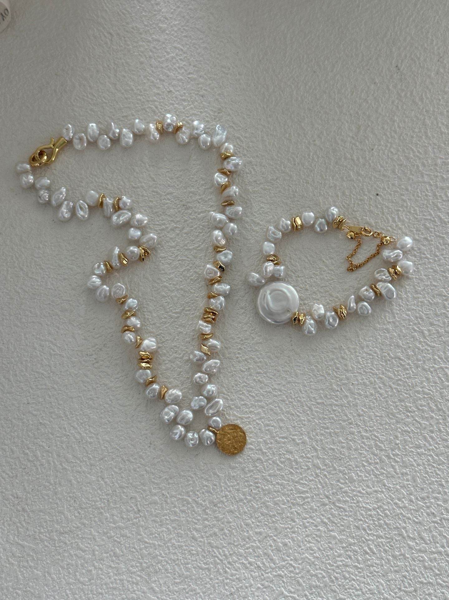 Natural Keshi Pearl Bracelet with Coin Disc Centerpiece - SOLIS