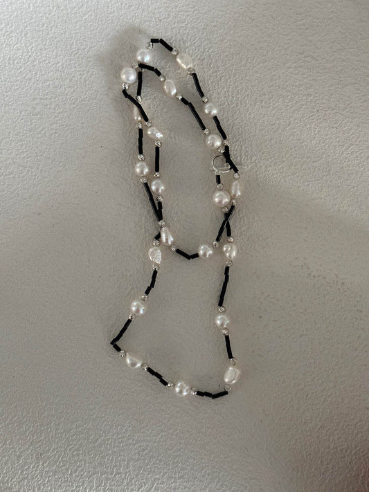 Black Onyx & Baroque Pearl Long Necklace - SOLIS