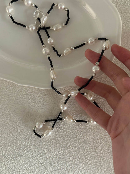 Black Onyx & Baroque Pearl Long Necklace - SOLIS