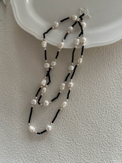 Black Onyx & Baroque Pearl Long Necklace - SOLIS