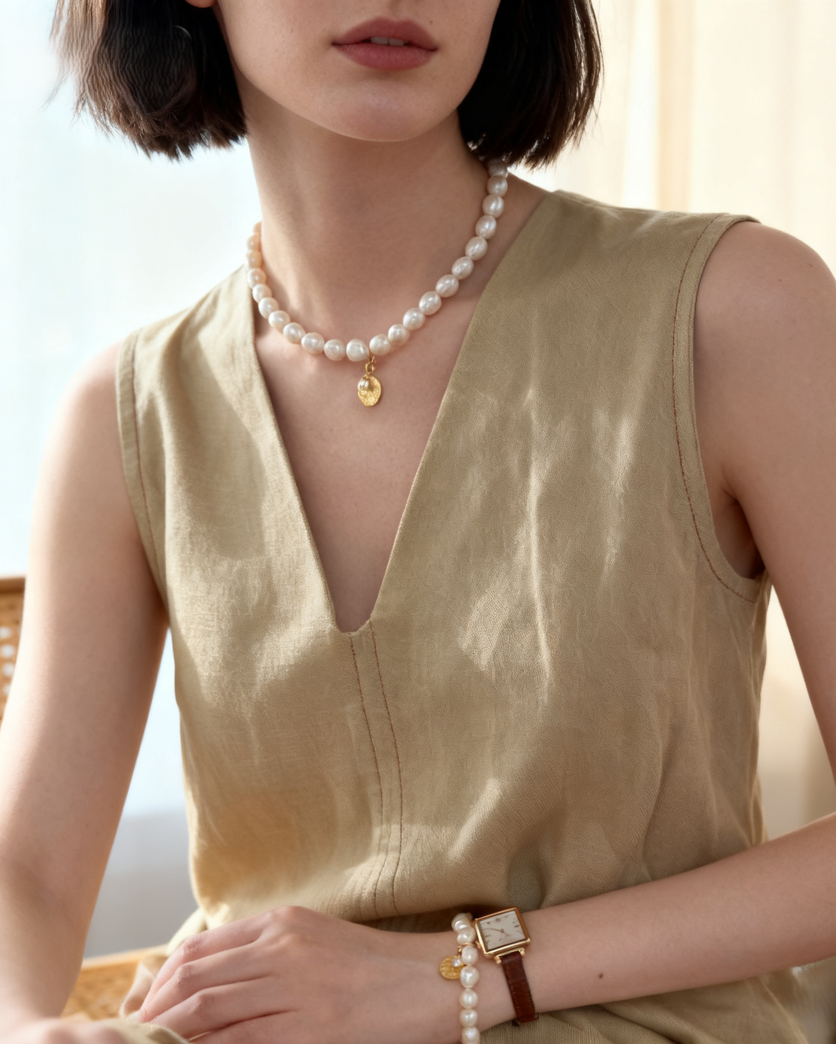 Woman wearing a beige sleeveless top with pearl necklace and bracelet indoors.