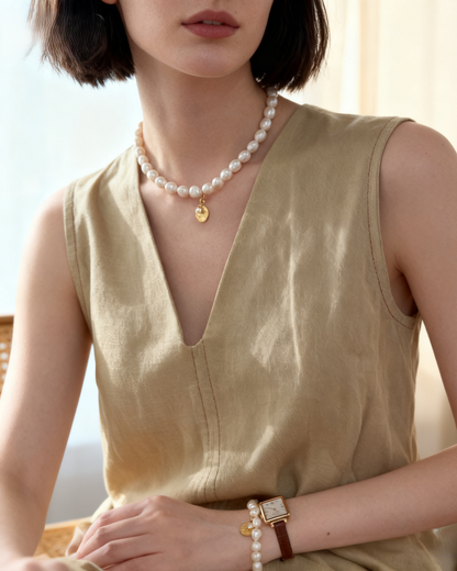 Woman wearing a beige sleeveless top with pearl necklace and bracelet indoors.
