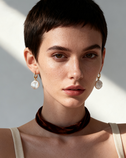 Woman wearing pearl earrings and a brown choker against a neutral background
