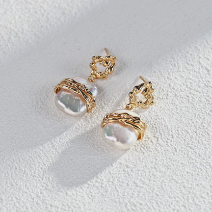 Sculptural Gold Vermeil Baroque Pearl Drop Earrings